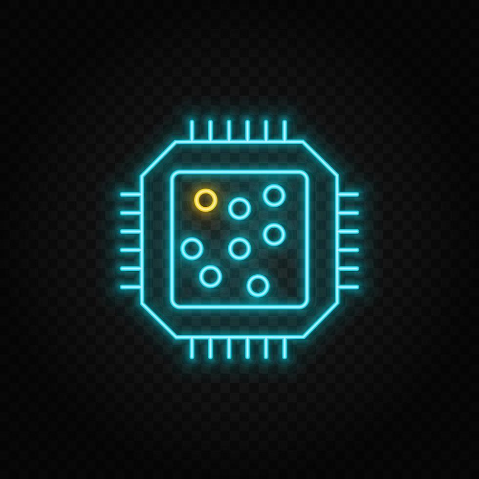 Cpu, hardware. Blue and yellow neon vector icon. Transparent background on dark background