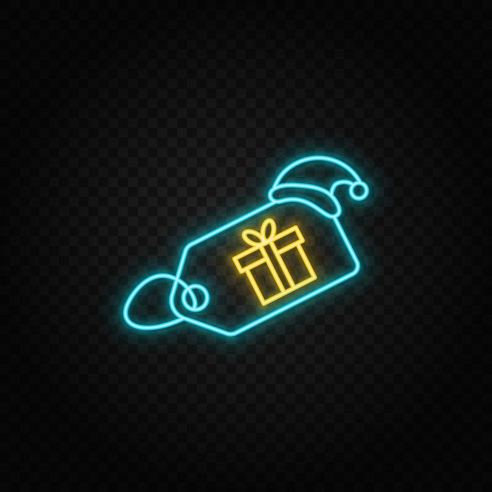Christmas, gift box neon icon. Blue and yellow neon vector icon. Transparent background