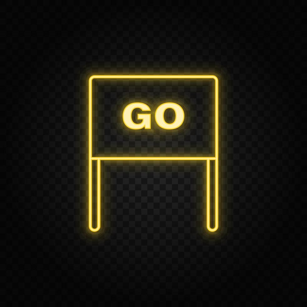 Yellow neon icon flag, go, launch.Transparent background. Yellow neon vector icon on dark background