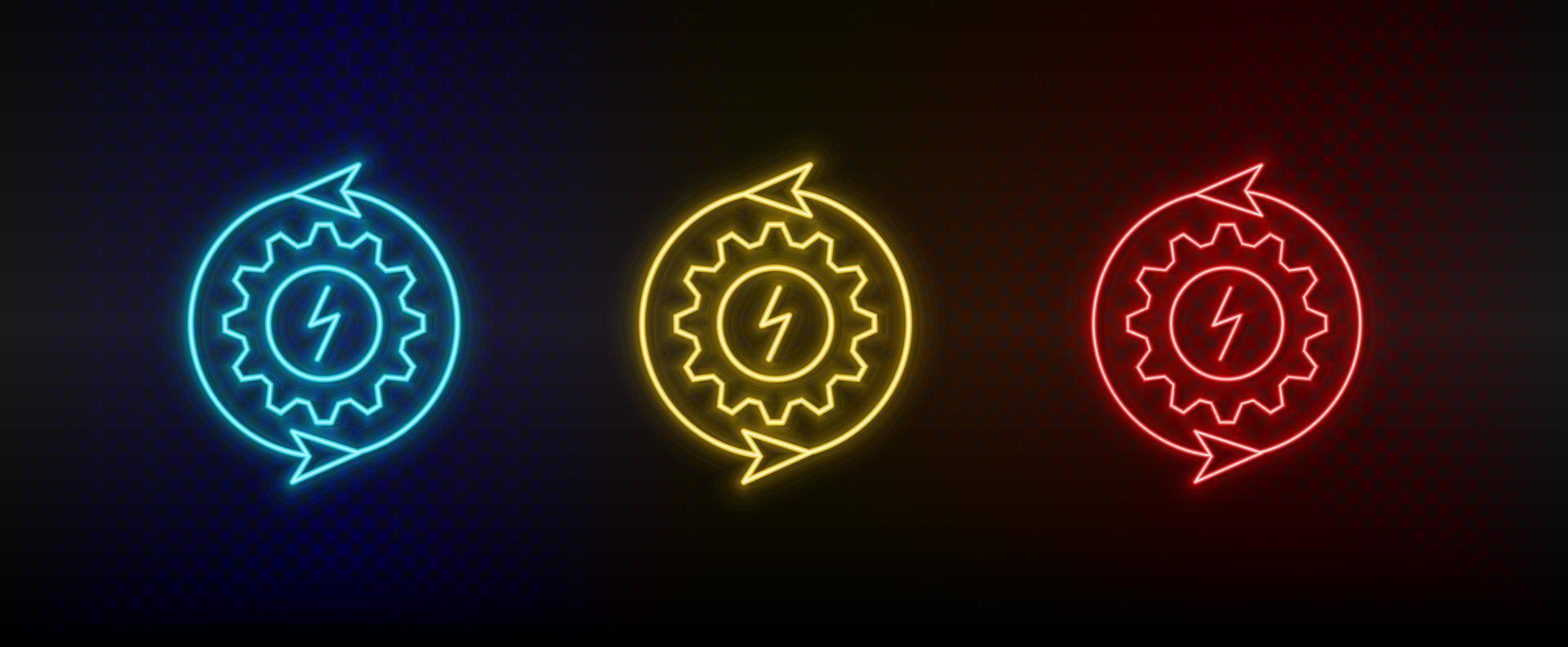 Neon icon set settings, eco, energy. Set of red, blue, yellow neon vector icon on transparency dark background