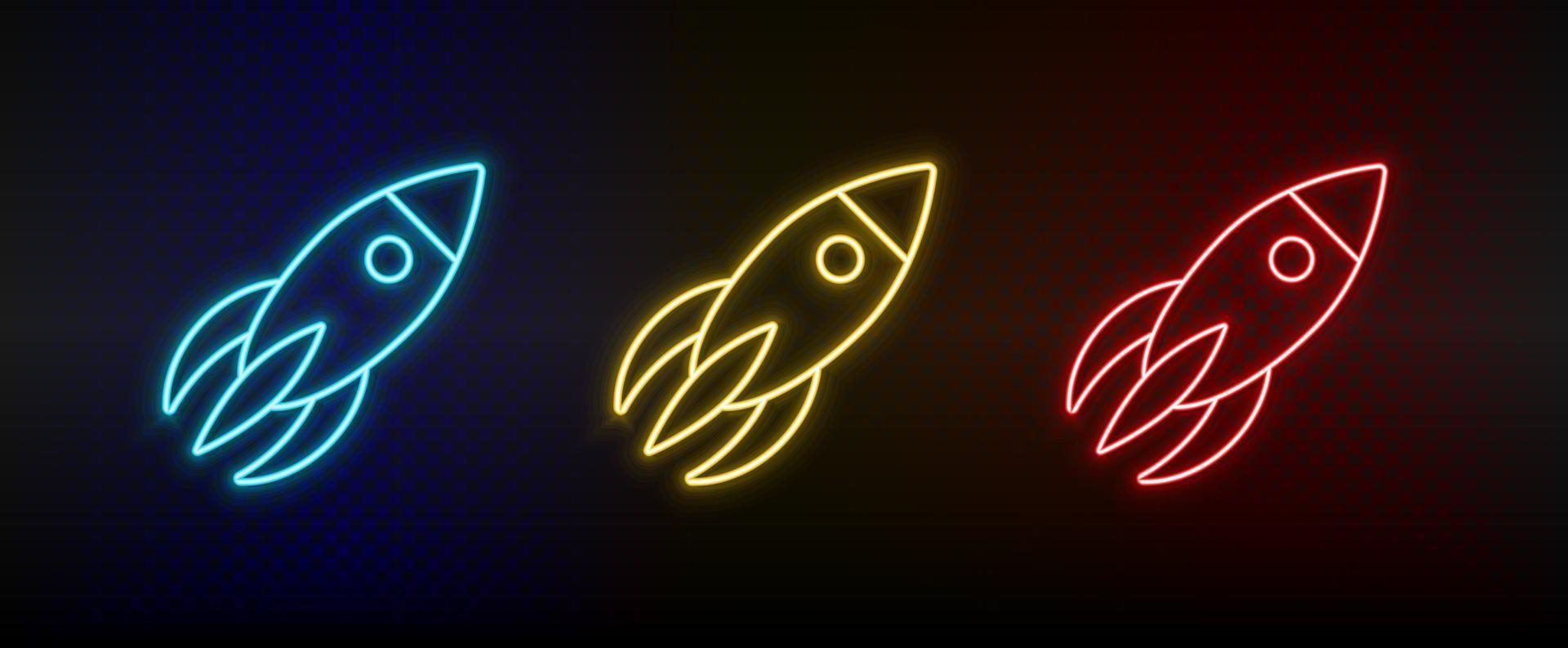 Neon icon set rocket, spaceship. Set of red, blue, yellow neon vector icon on transparency dark background