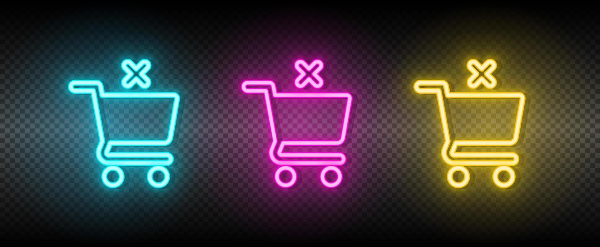 shopping, basket, remove neon vector icon. Illustration neon blue, yellow, red icon set