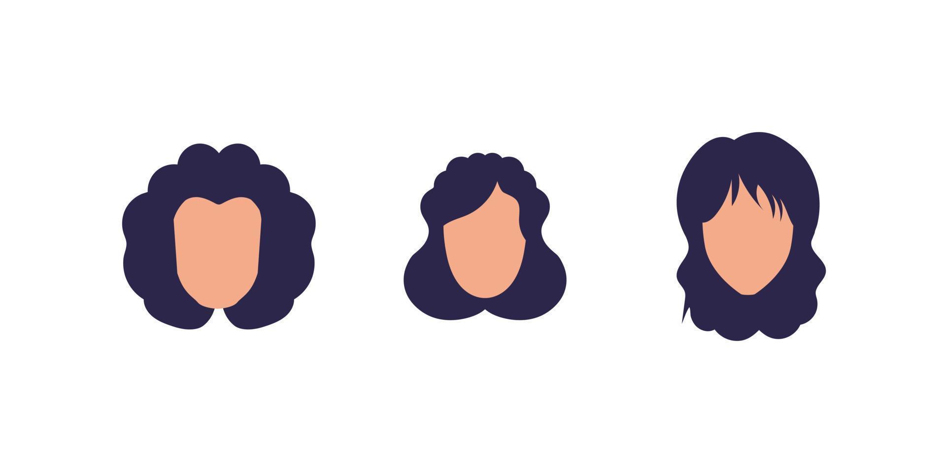 Set of faces of girls with different hairstyles. Isolated on white background. Vector illustration.