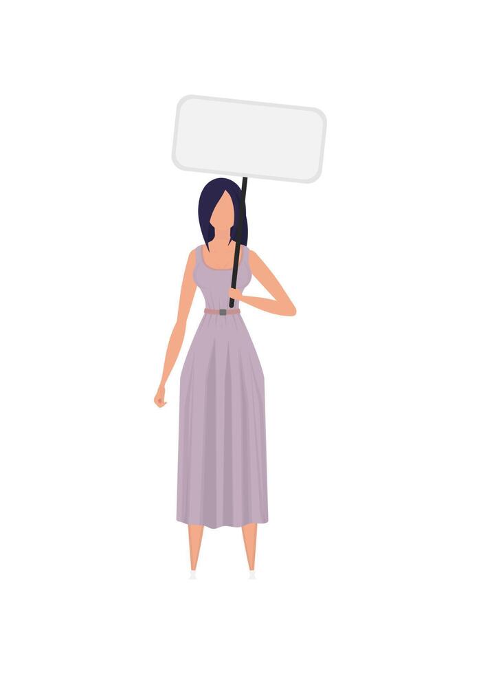 A girl in full growth with a banner in her hands. Isolated on white background. Flat style. . vector