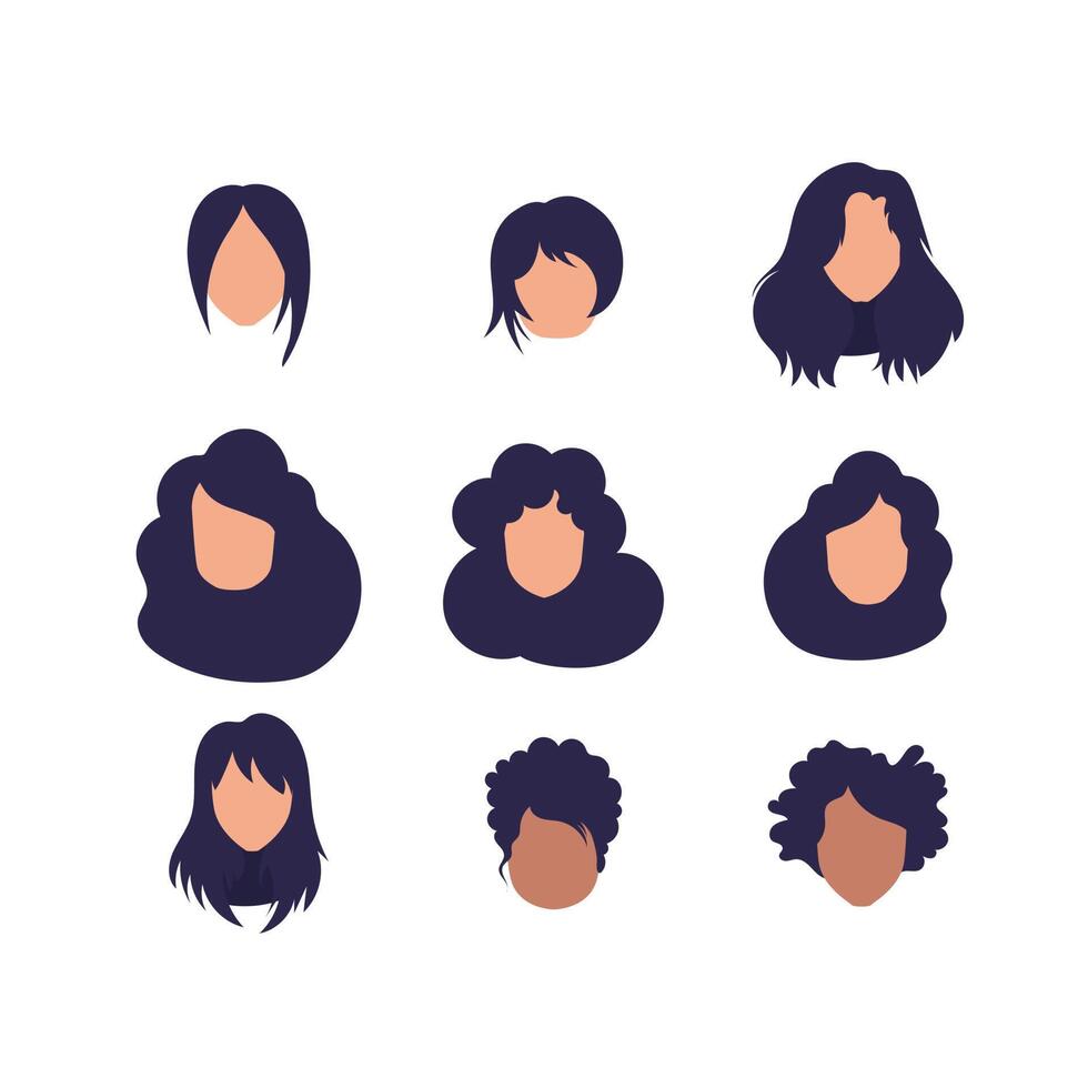 Big set of faces of girls with different hairstyles and different nationalities. Isolated. Flat style. vector