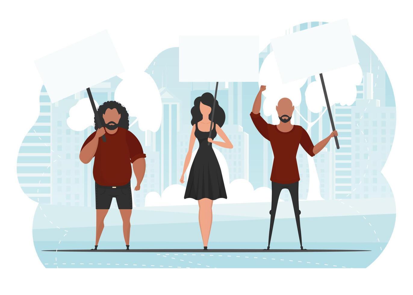 A group of people are protesting. Banner in blue tones. Cute illustration in flat style. vector