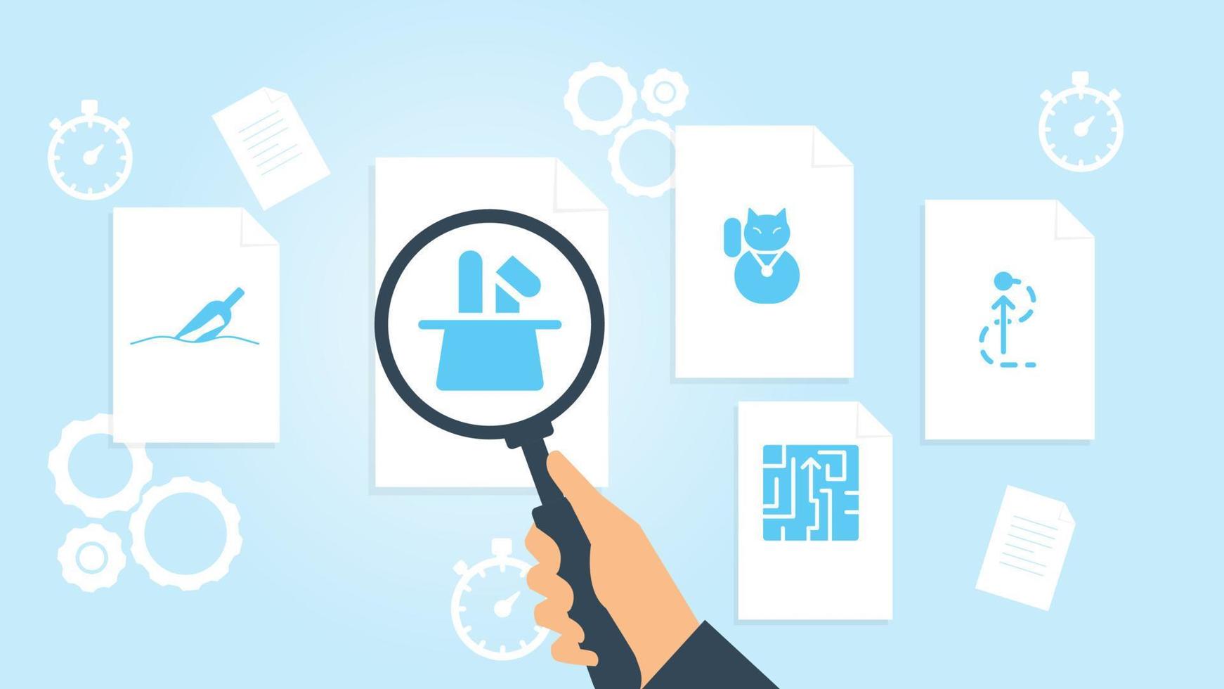 Document with search icons. File and magnifying glass. Analytics research sign. Vector Illustrationpath business strategy file, document research vector illustration on white background