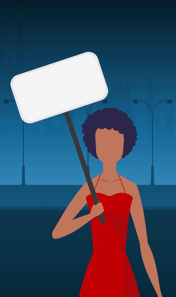 A woman protests with a banner against the backdrop of the city. The concept of expressing thoughts, dissatisfaction and protests. illustration. vector