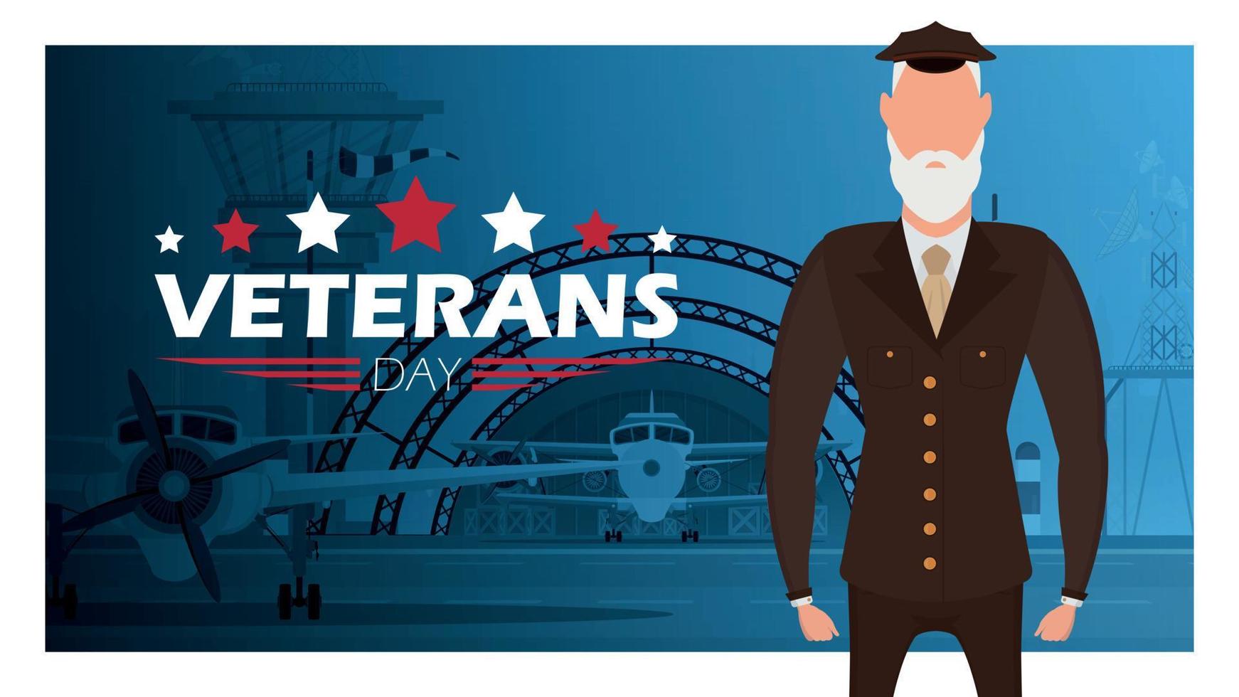 Veterans day banner with a wished man in uniform. Vector. vector