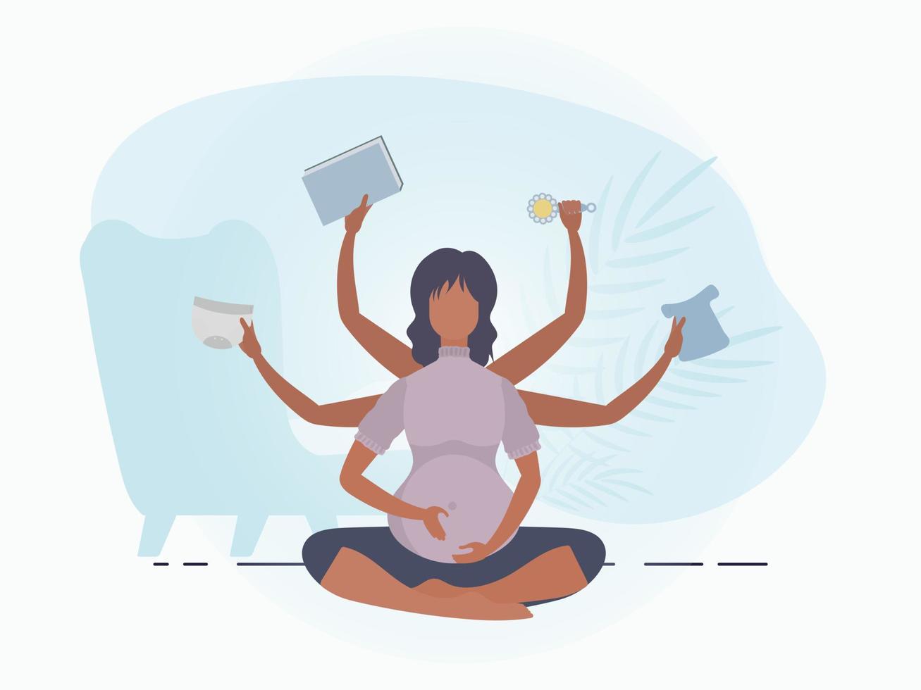 Pregnant girl in the lotus position. Active well built pregnant female character. Banner in blue tones for you. Flat vector illustration.