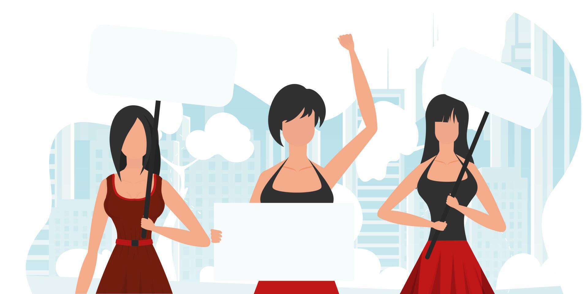 A group of girls are protesting. Banner in blue tones. Vector illustration in a flat style.