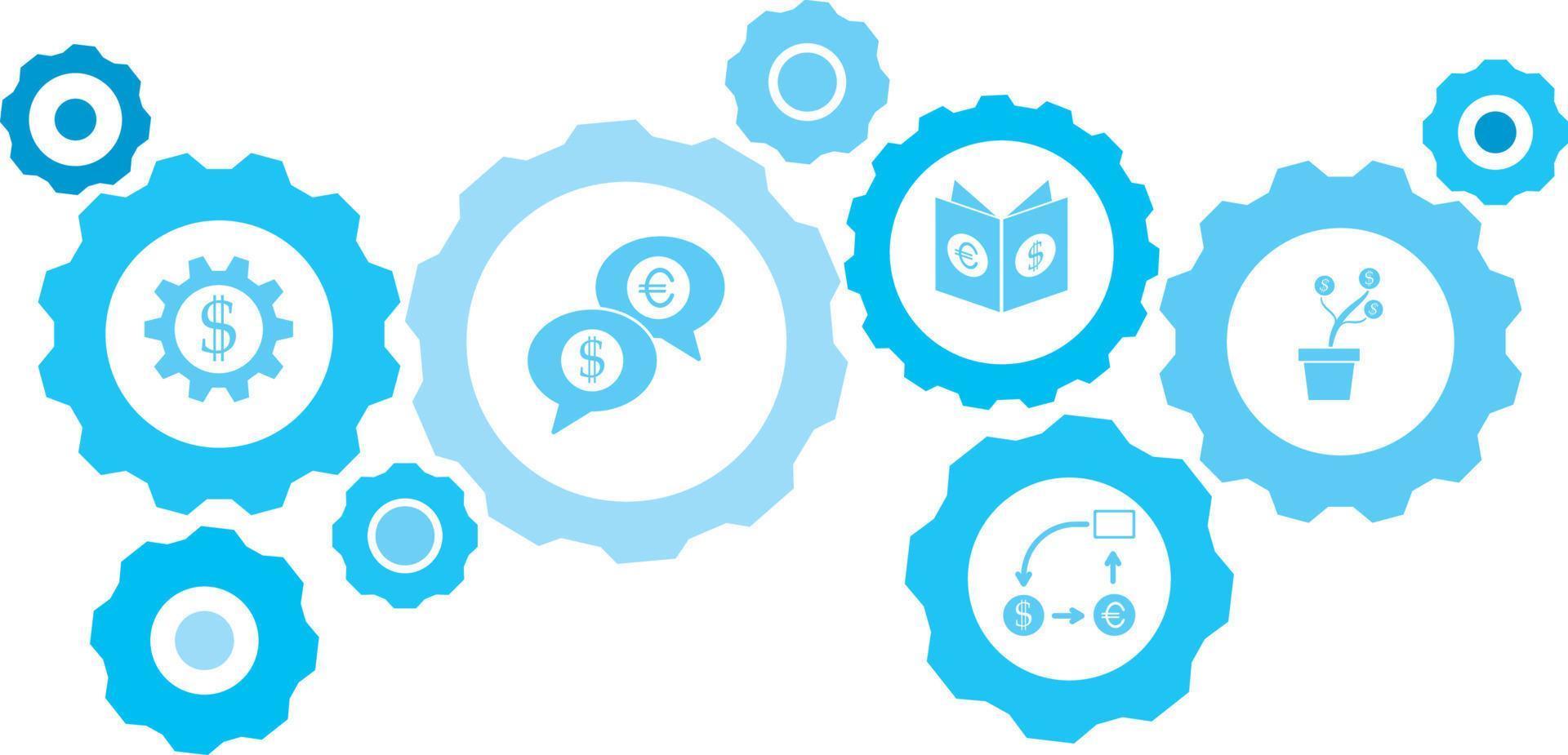 Connected gears and vector icons for logistic, service, shipping, distribution, transport, market, communicate concepts. gear blue icon setboard, business presentation .