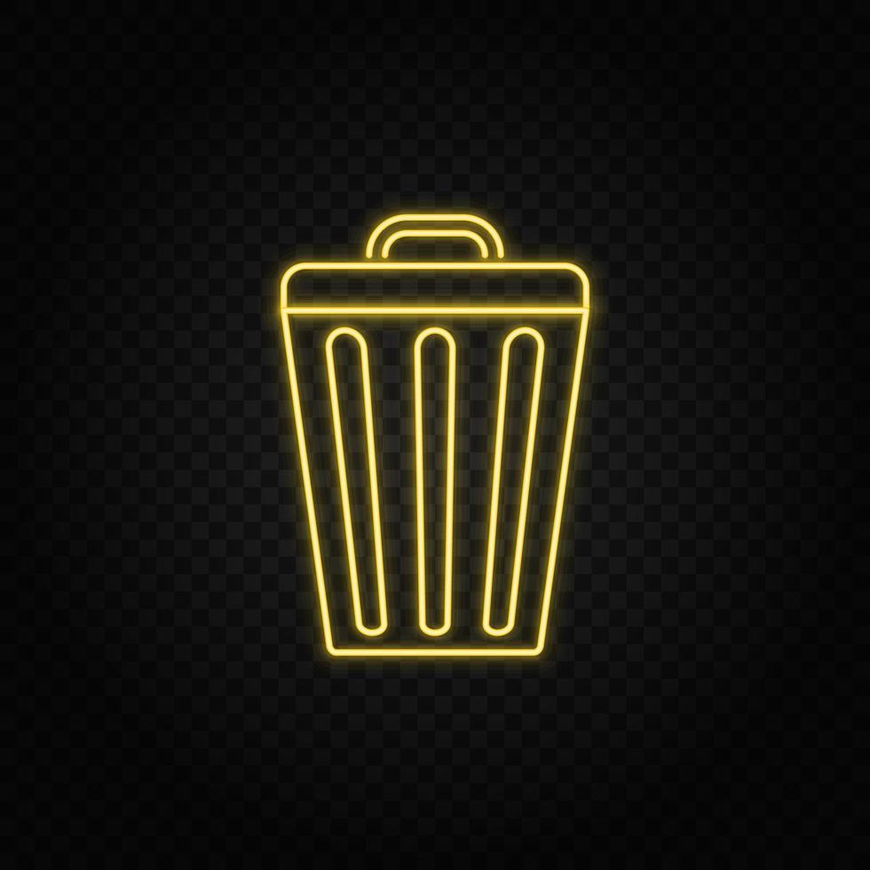 Yellow neon icon bin, trash, can. Transparent background. Yellow neon vector icon on dark background