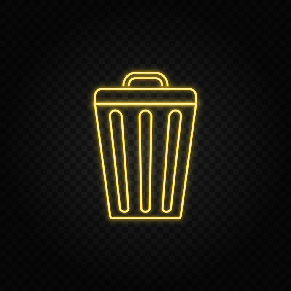 Yellow neon icon bin, trash, can. Transparent background. Yellow neon vector icon on dark background