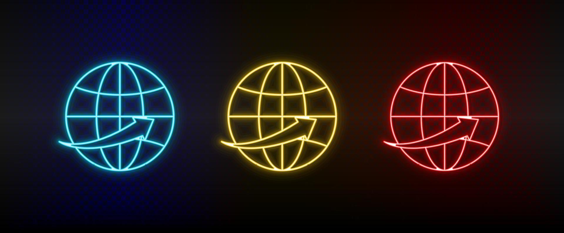 Neon icon set global business, communication. Set of red, blue, yellow neon vector icon on transparency dark background
