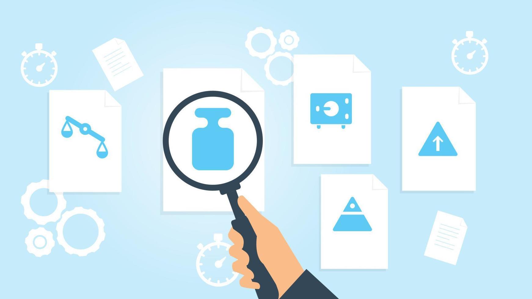 Document with search icons. File and magnifying glass. Analytics research sign. Vector Illustrationarrow grow pyramid file, document research vector illustration on white background