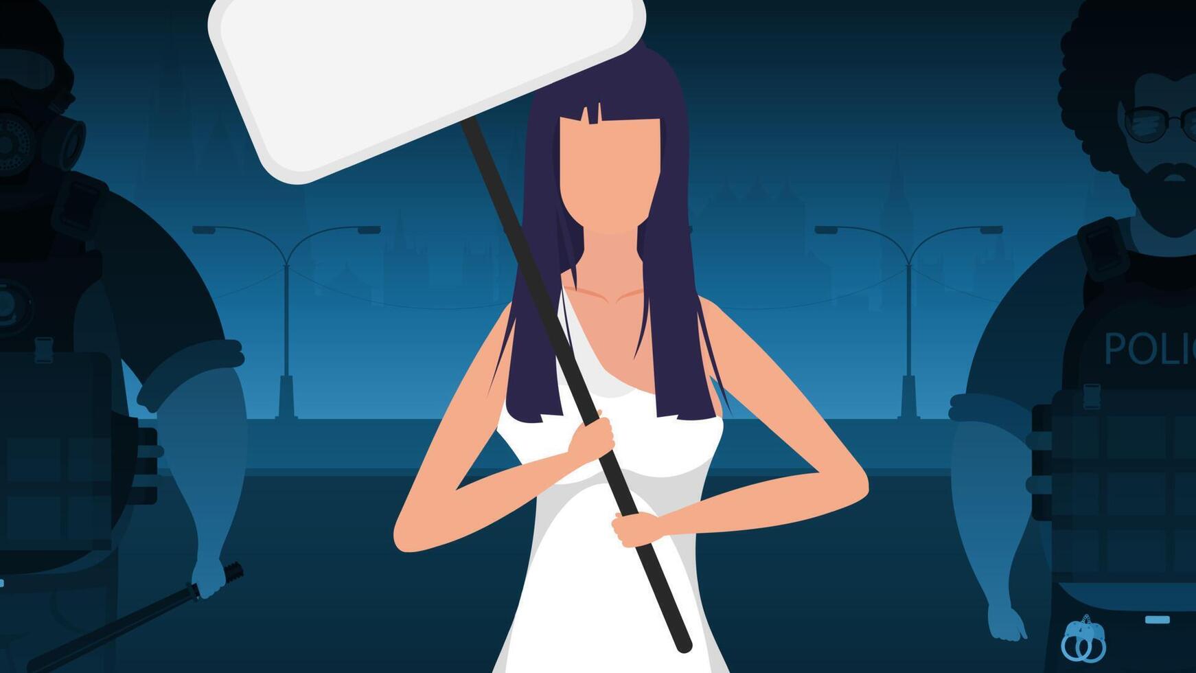 A woman with a banner on the background of the city. Protest concept. illustration. vector