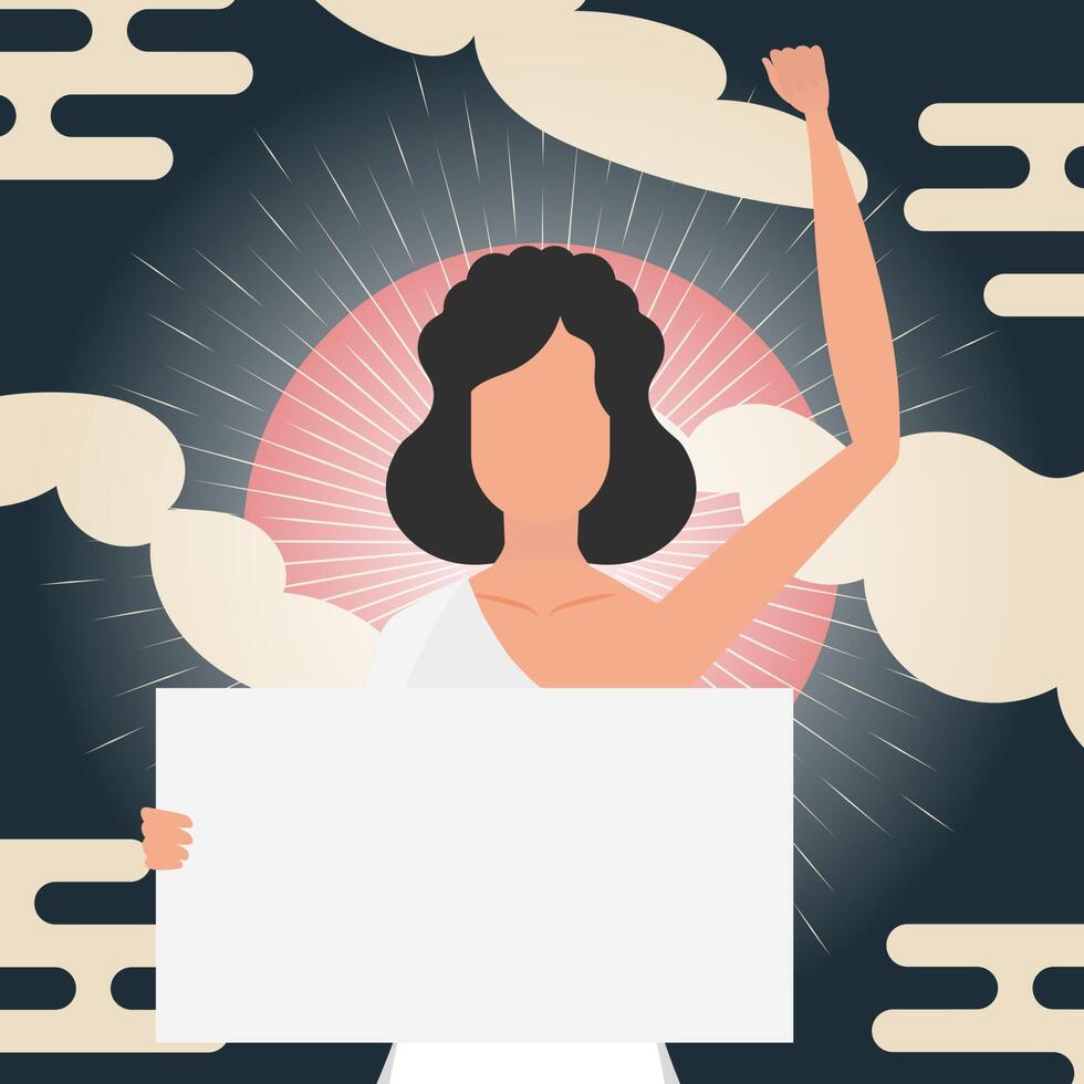 The girl protests with a banner. Chinese style banner. Protest concept. Vector illustration.