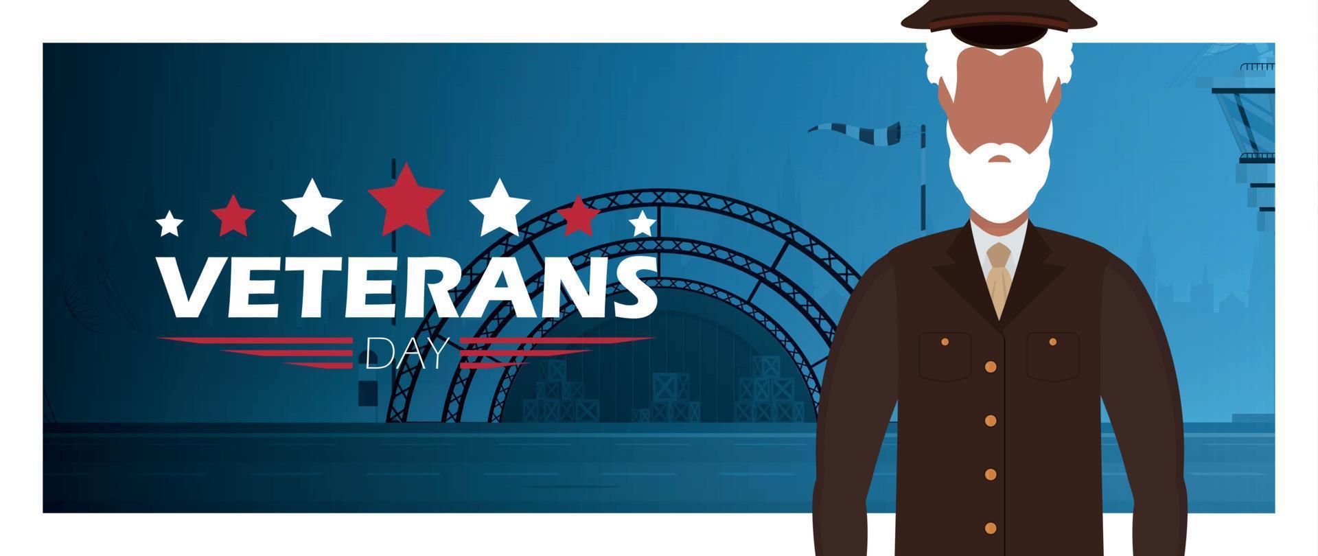 Veterans day banner with the wished military. Cartoon style. vector