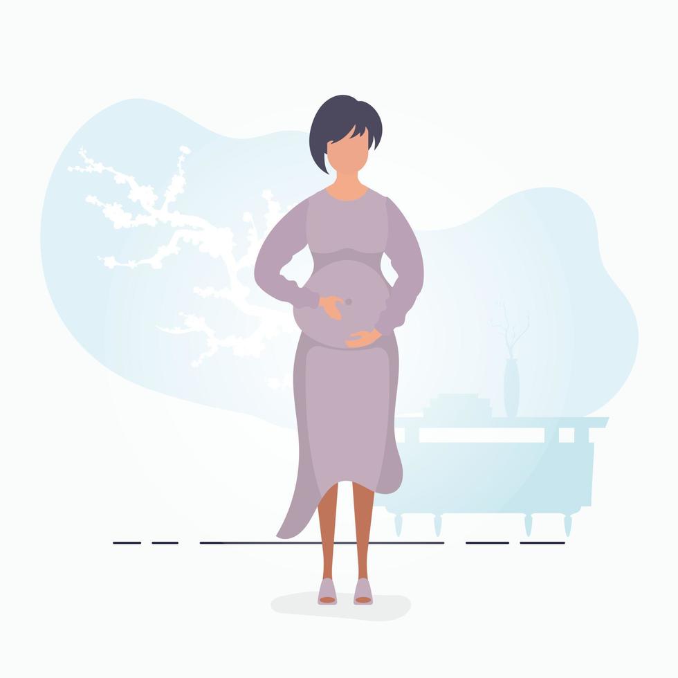 Pregnant girl in full growth. Happy pregnancy. Postcard or poster in gentle colors for your design. Vector illustration in cartoon style.
