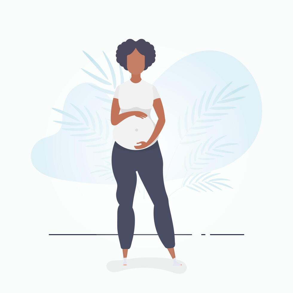 Full length pregnant woman. Well built pregnant female character. Banner in blue tones for you. illustration in cartoon style. vector