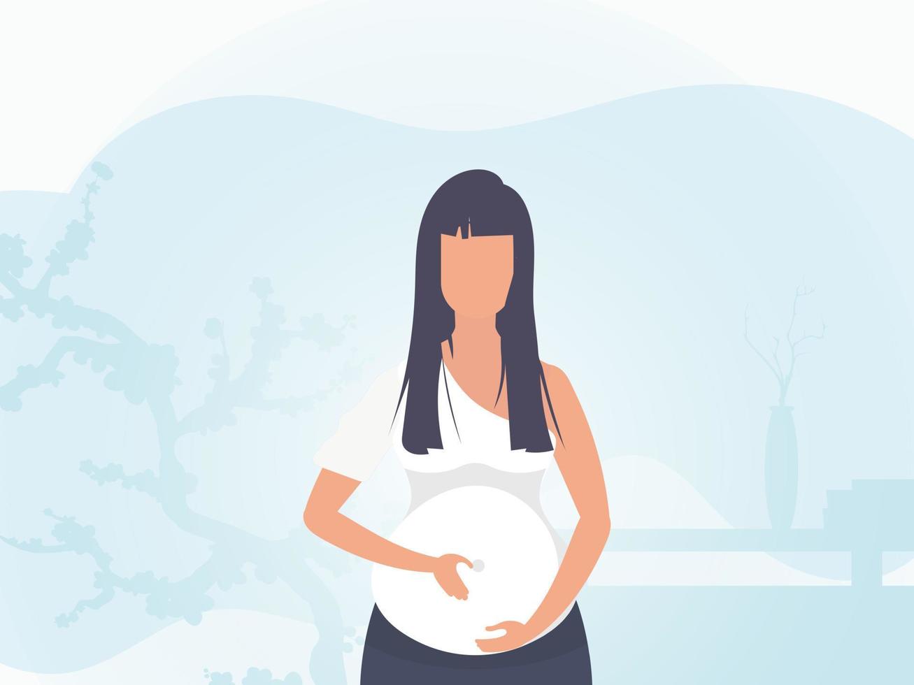 un embarazada mujer sostiene su manos en su estómago. bandera en suave colores. vector ilustración.
