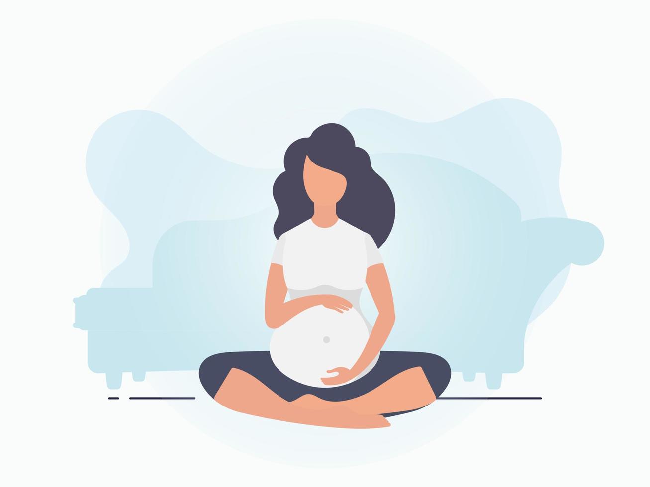 Yoga for pregnant women. Active well built pregnant female character. Postcard or poster in gentle colors for your design. Flat vector illustration.