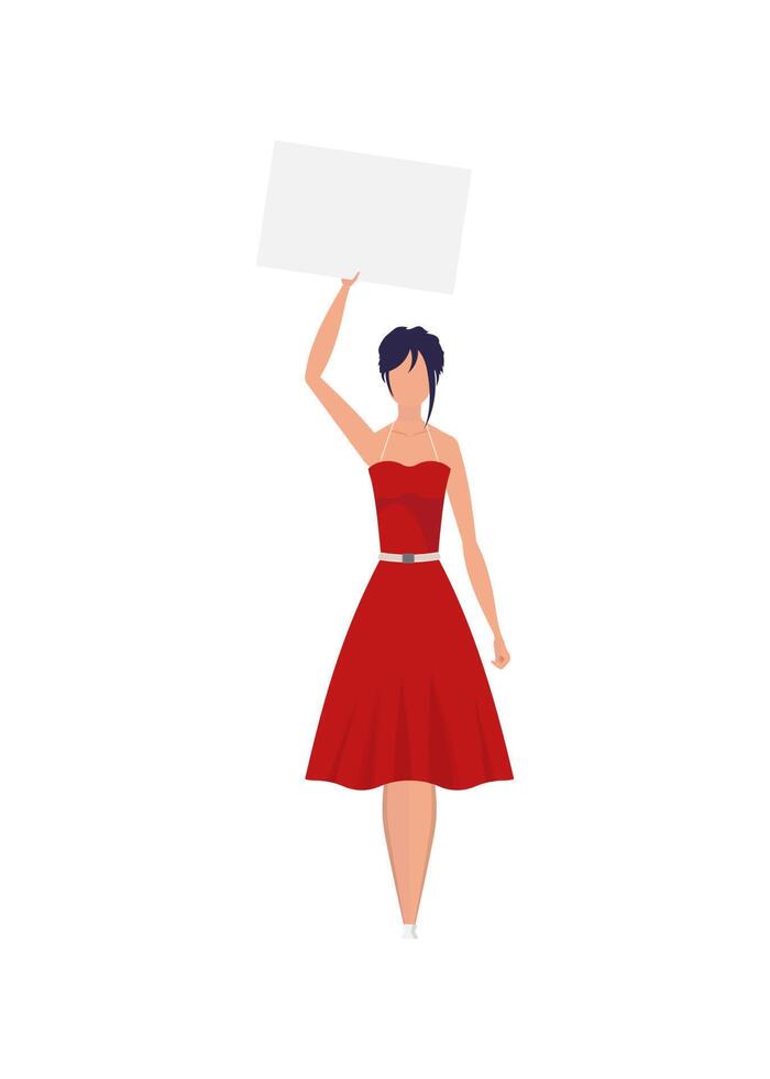 A girl in full growth protests with a banner. Isolated. Flat style. . vector