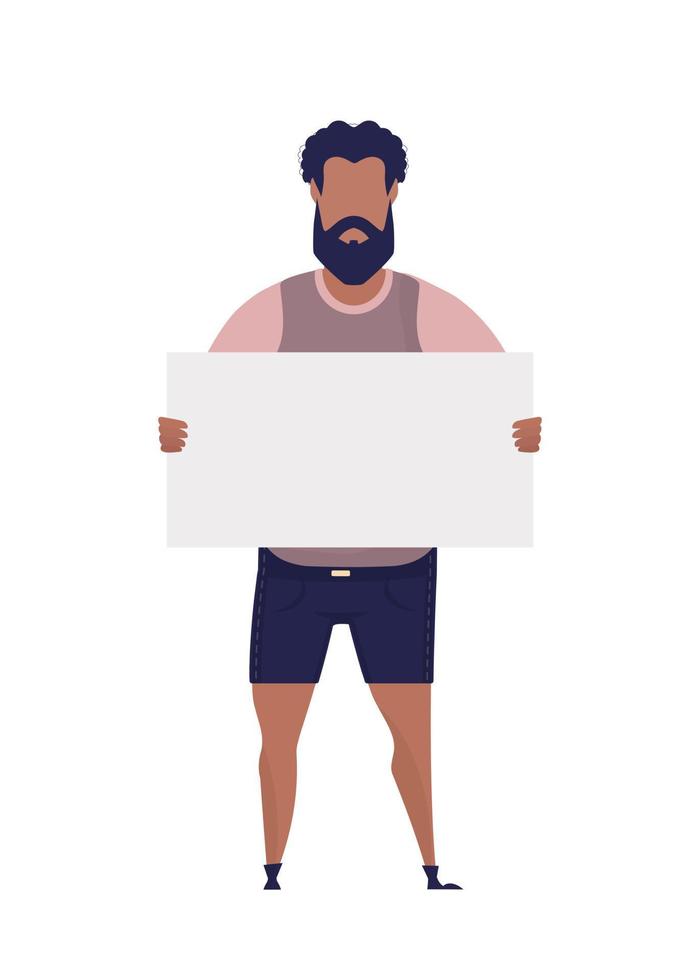 un chico con un blanco póster en su manos. protesta concepto. dibujos animados estilo. vector