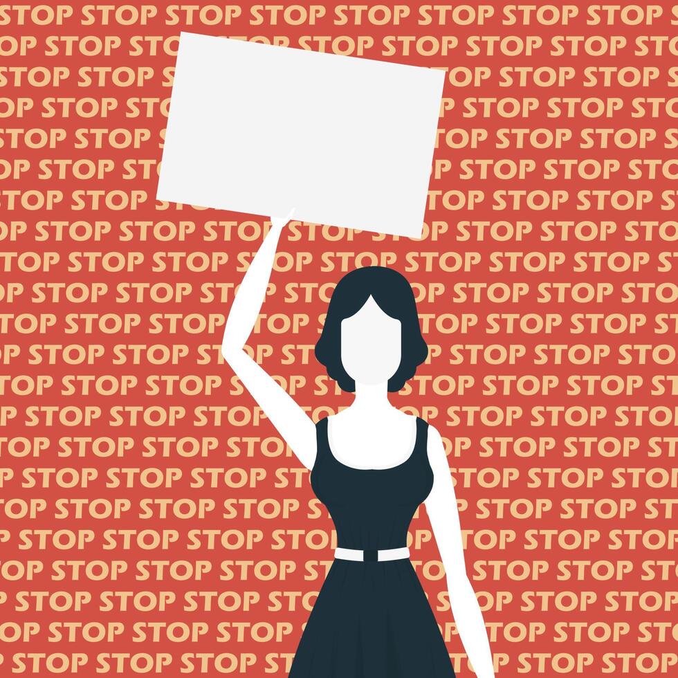 A cute girl is protesting with a banner. The concept of expressing thoughts, dissatisfaction and protests. Flat style. . vector