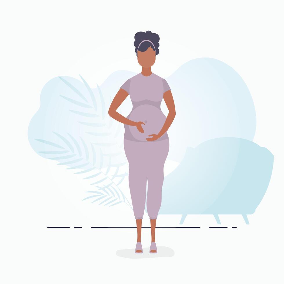 Full length pregnant woman. Happy pregnancy. Banner in blue colors for your design. Vector illustration in cartoon style.