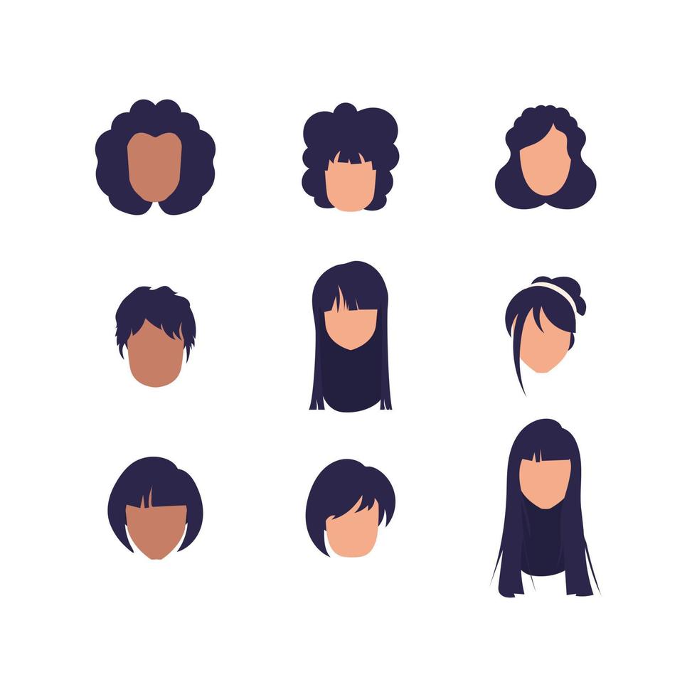 Large Set of Faces Women with different hairstyles and different nationalities. Isolated. Vector illustration.