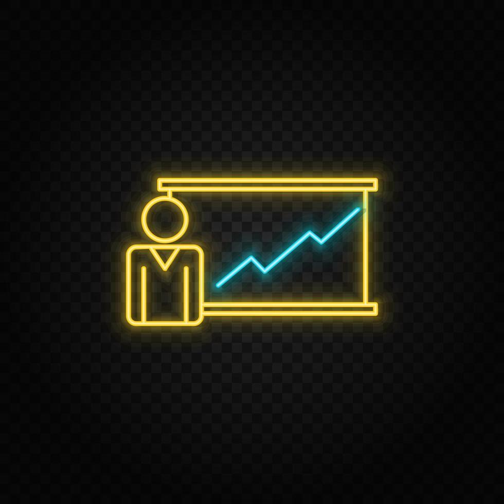 graph, meeting neon icon. Blue and yellow neon vector icon. Transparent background