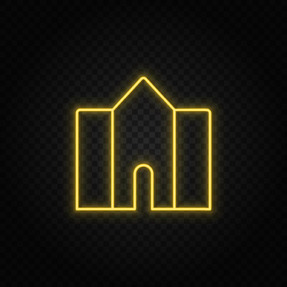 Yellow neon icon building, college. Transparent background. Yellow neon vector icon on dark background