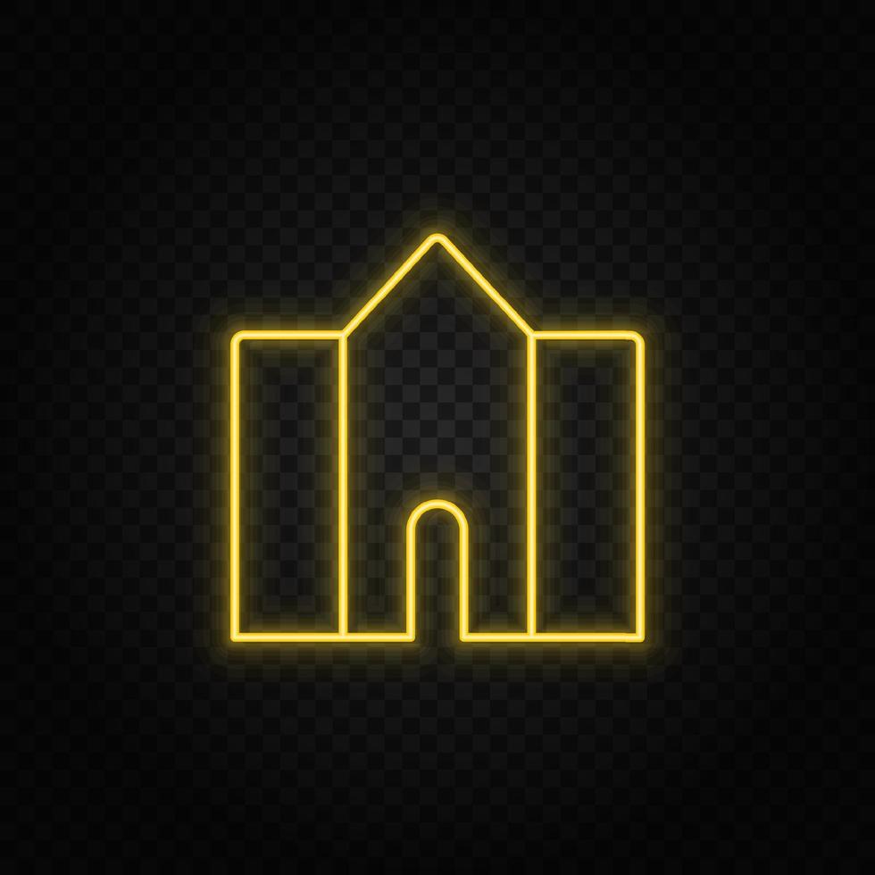 Yellow neon icon building, college. Transparent background. Yellow neon vector icon on dark background