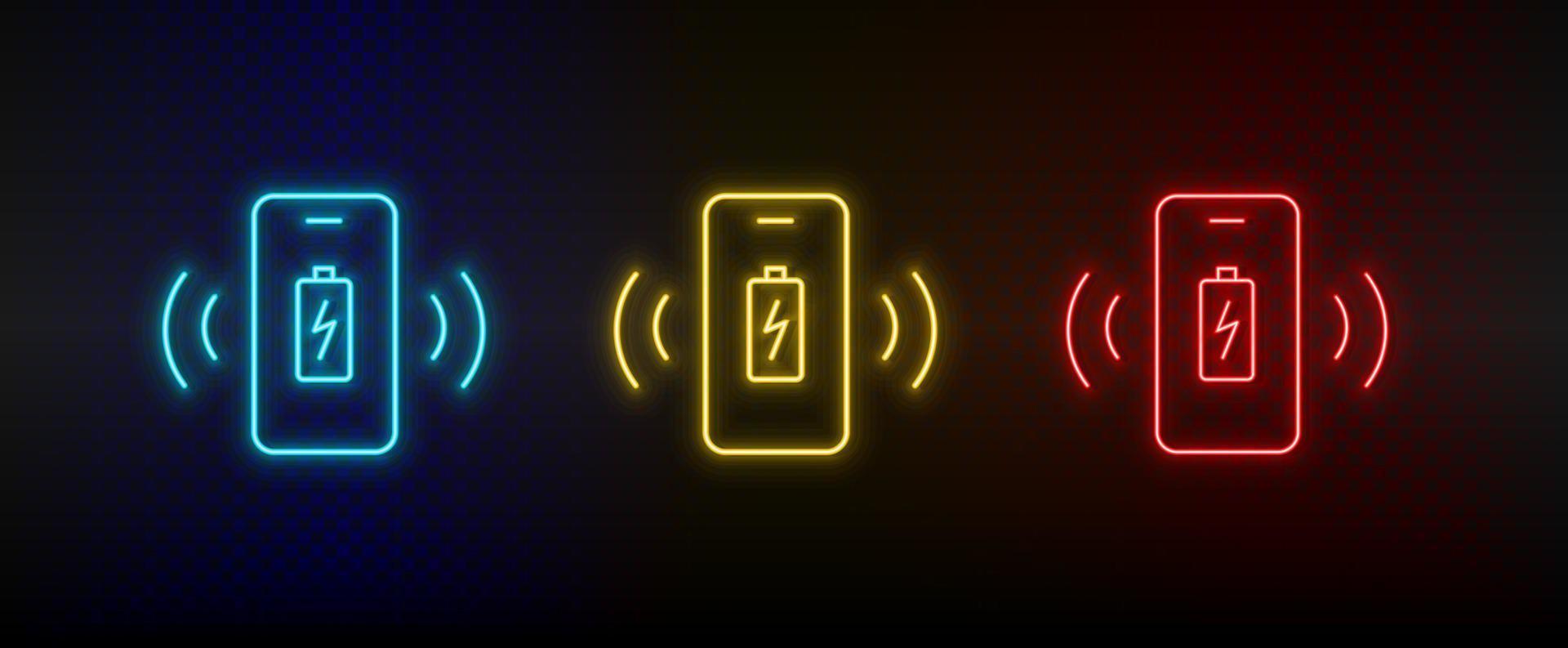 Neon icon set mobile, charger, notice. Set of red, blue, yellow neon vector icon on transparency dark background