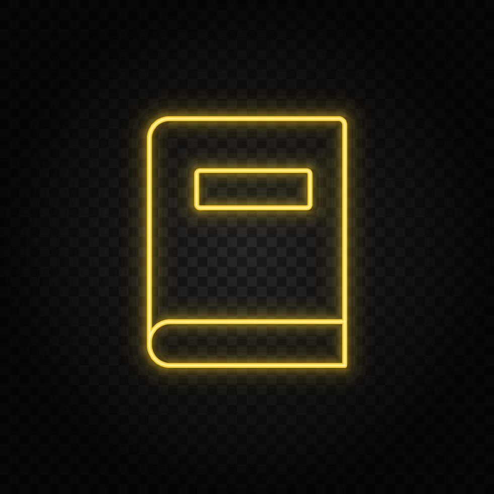 Yellow neon icon book. Transparent background. Yellow neon vector icon on dark background