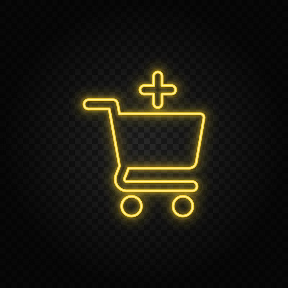 Yellow neon icon add, buy, shop.Transparent background. Yellow neon vector icon on dark background
