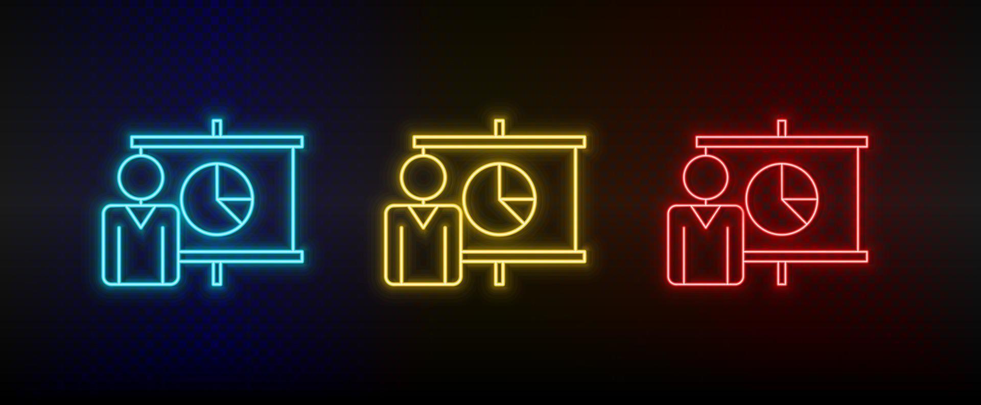 Neon icon set businesswoman, pie. Set of red, blue, yellow neon vector icon on transparency dark background
