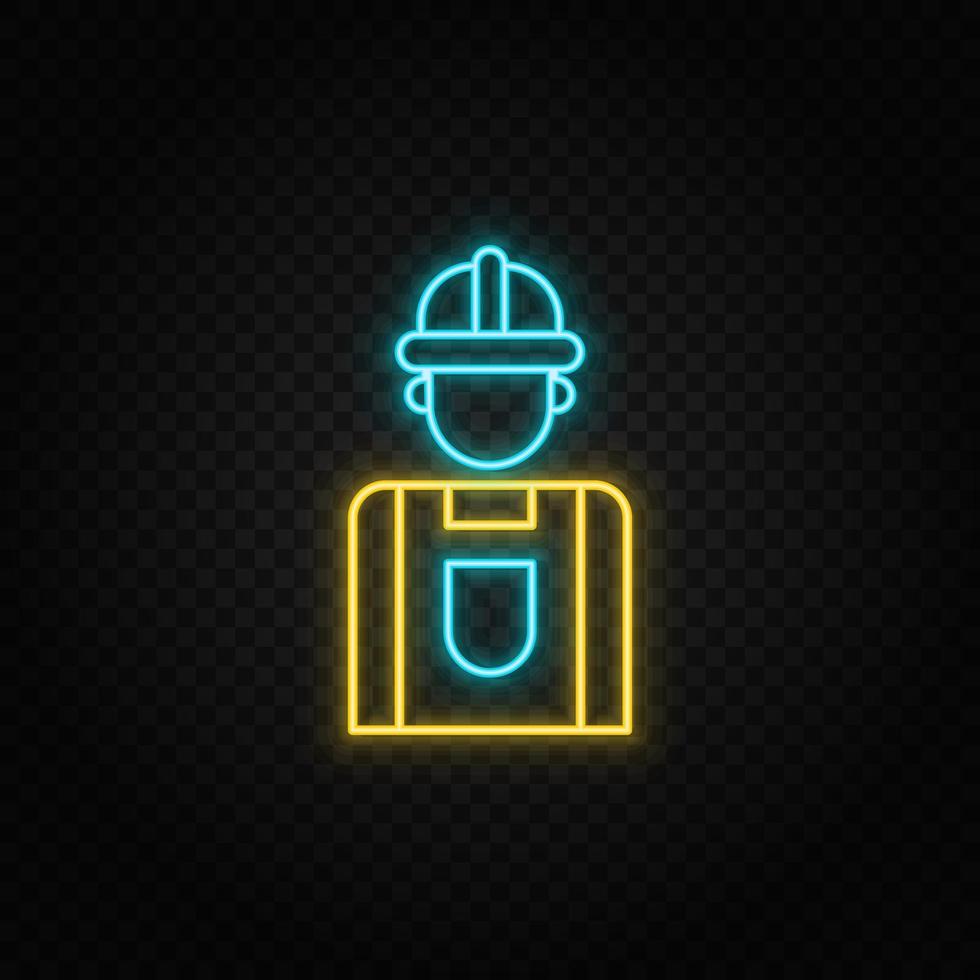 building, construction, industry, worker. Blue and yellow neon vector icon. Vector transparent background