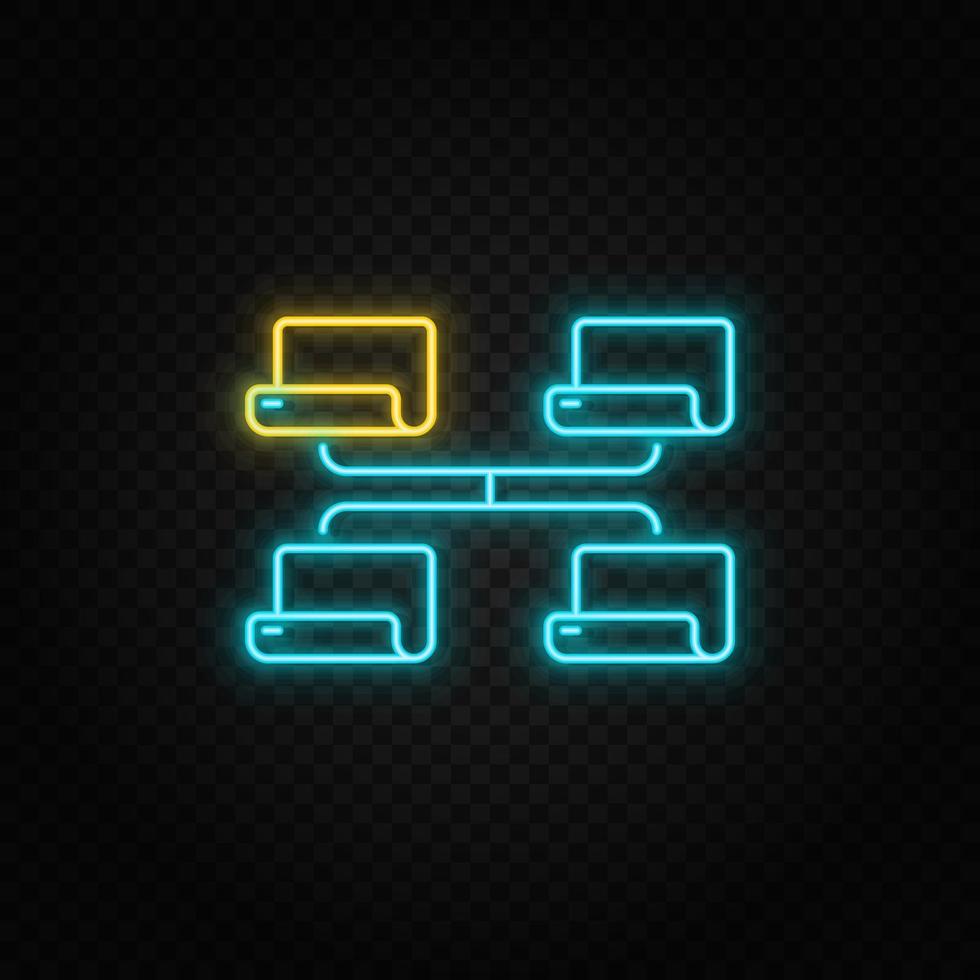 Network, share. Blue and yellow neon vector icon. Transparent background on dark background