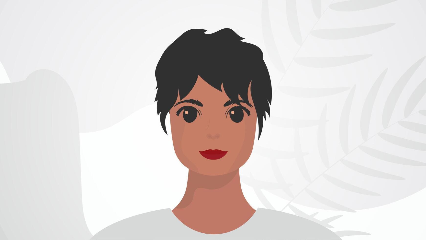 Banner with a woman close-up. Strong girl on, front view. Cartoon style. vector