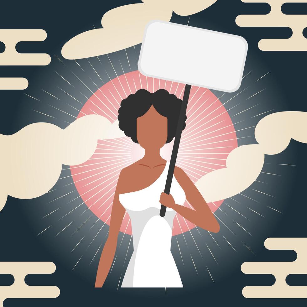 Girl with a banner. Chinese style banner. The concept of expressing thoughts, dissatisfaction and protests. Vector illustration.