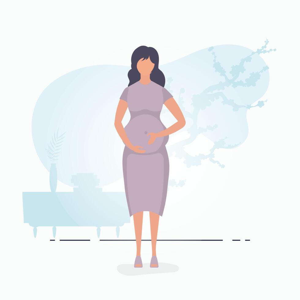 Full length pregnant woman. Well built pregnant female character. Banner in blue colors for your design. Flat vector illustration.