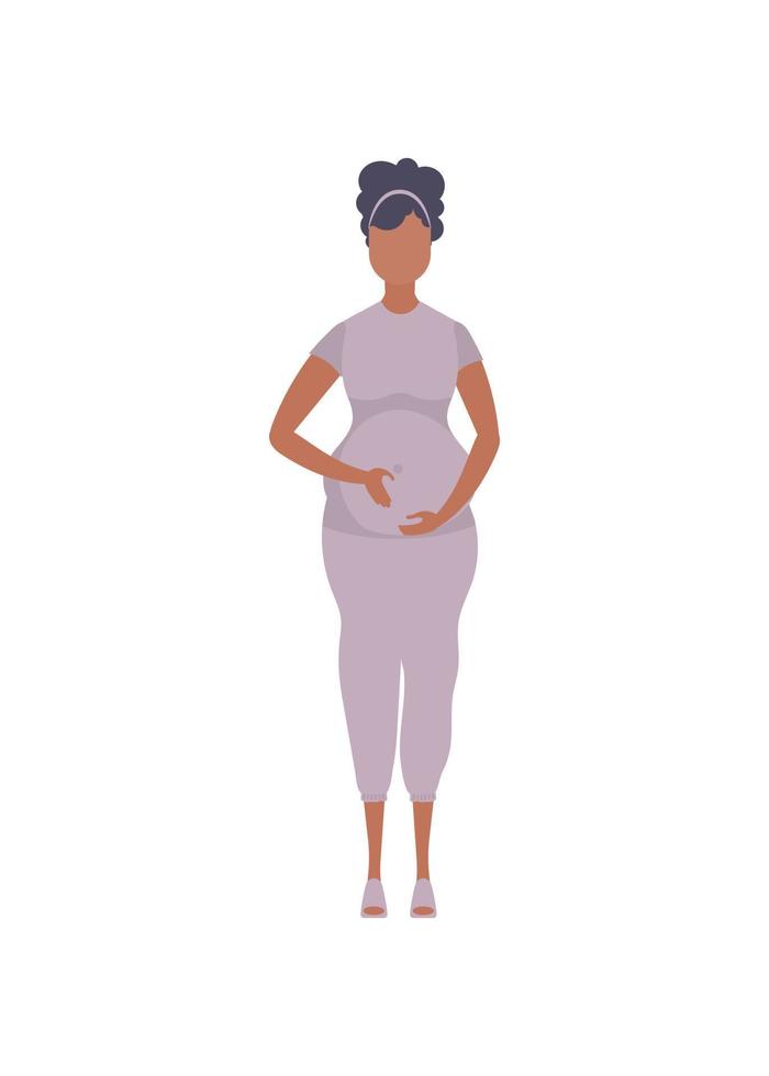 Pregnant girl in full growth. Well built pregnant female character. Isolated on white background. Flat style. Vector illustration.