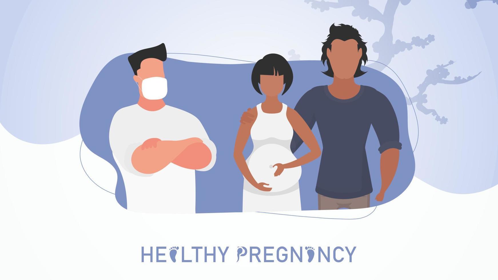 Healthy pregnancy banner. A married couple consult with a doctor. Vector illustration design.