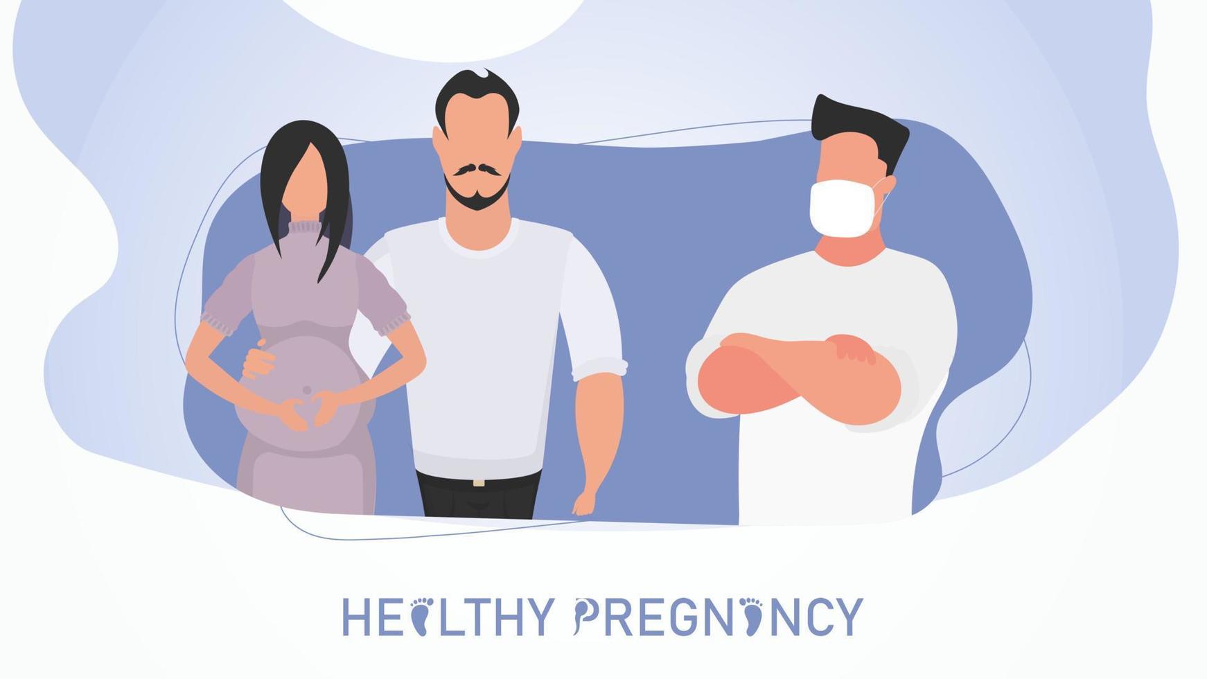 Healthy pregnancy banner. Pregnant woman and her man at the doctor's office. Vector illustration design.