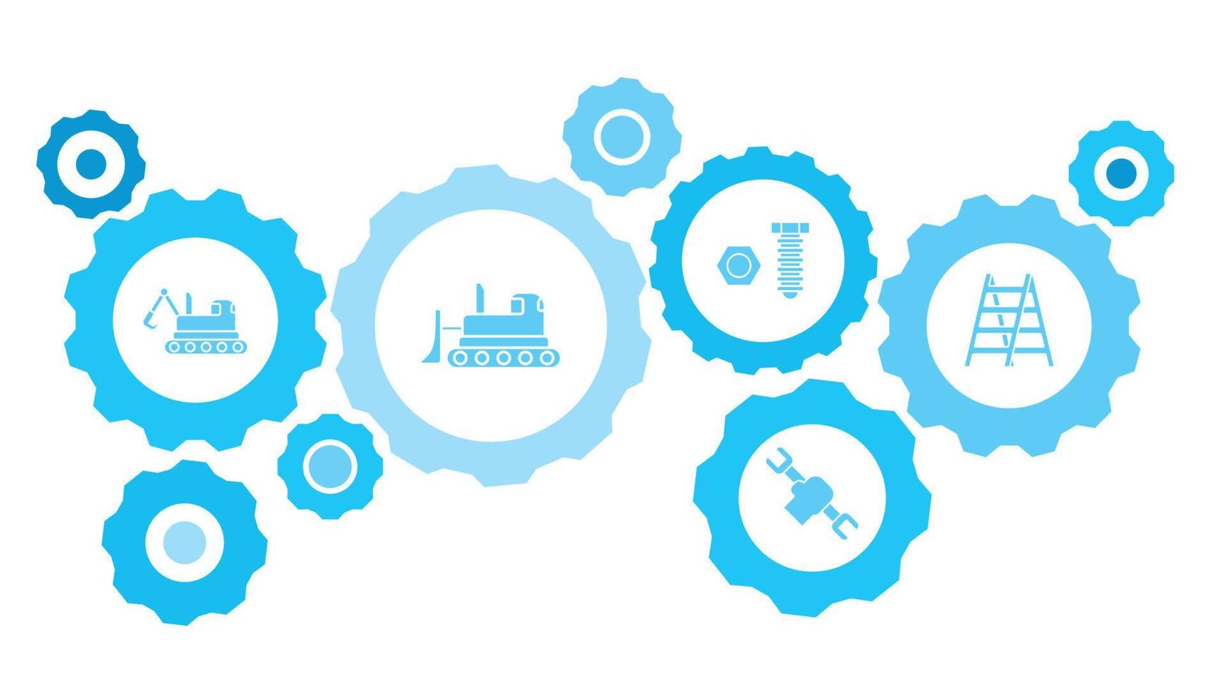 Connected gears and vector icons for logistic, service, shipping, distribution, transport, market, communicate concepts. building, construction, industry, ladder gear blue icon set on white background