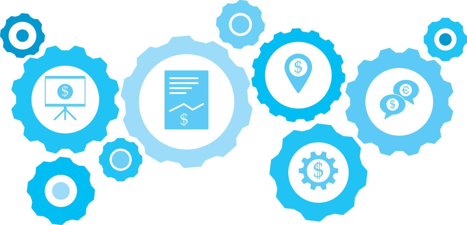 Connected gears and vector icons for logistic, service, shipping, distribution, transport, market, communicate concepts. gear blue icon setfalling, fortune .