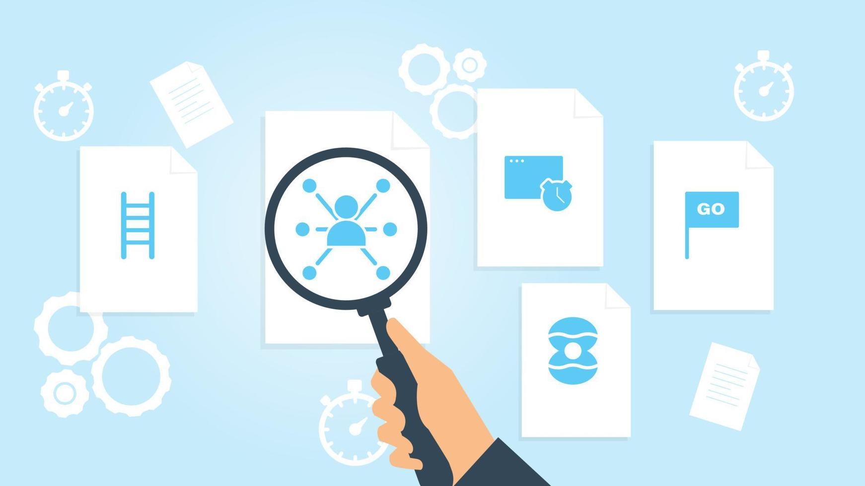 Document with search icons. File and magnifying glass. Analytics research sign. Vector Illustrationflag go file, document research vector illustration on white background